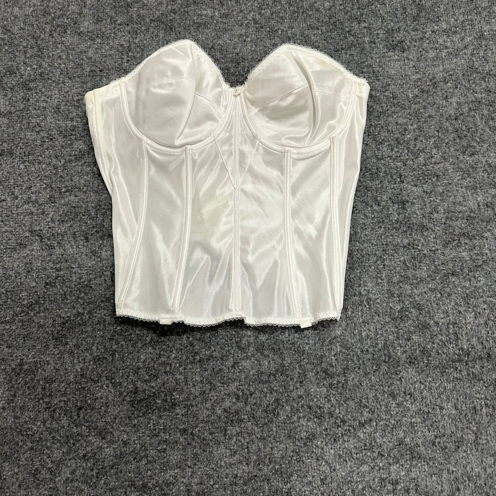 Dominique Corset Womens Size 32 White Satin Boned Bridal Bustier Lace Trim Stain
